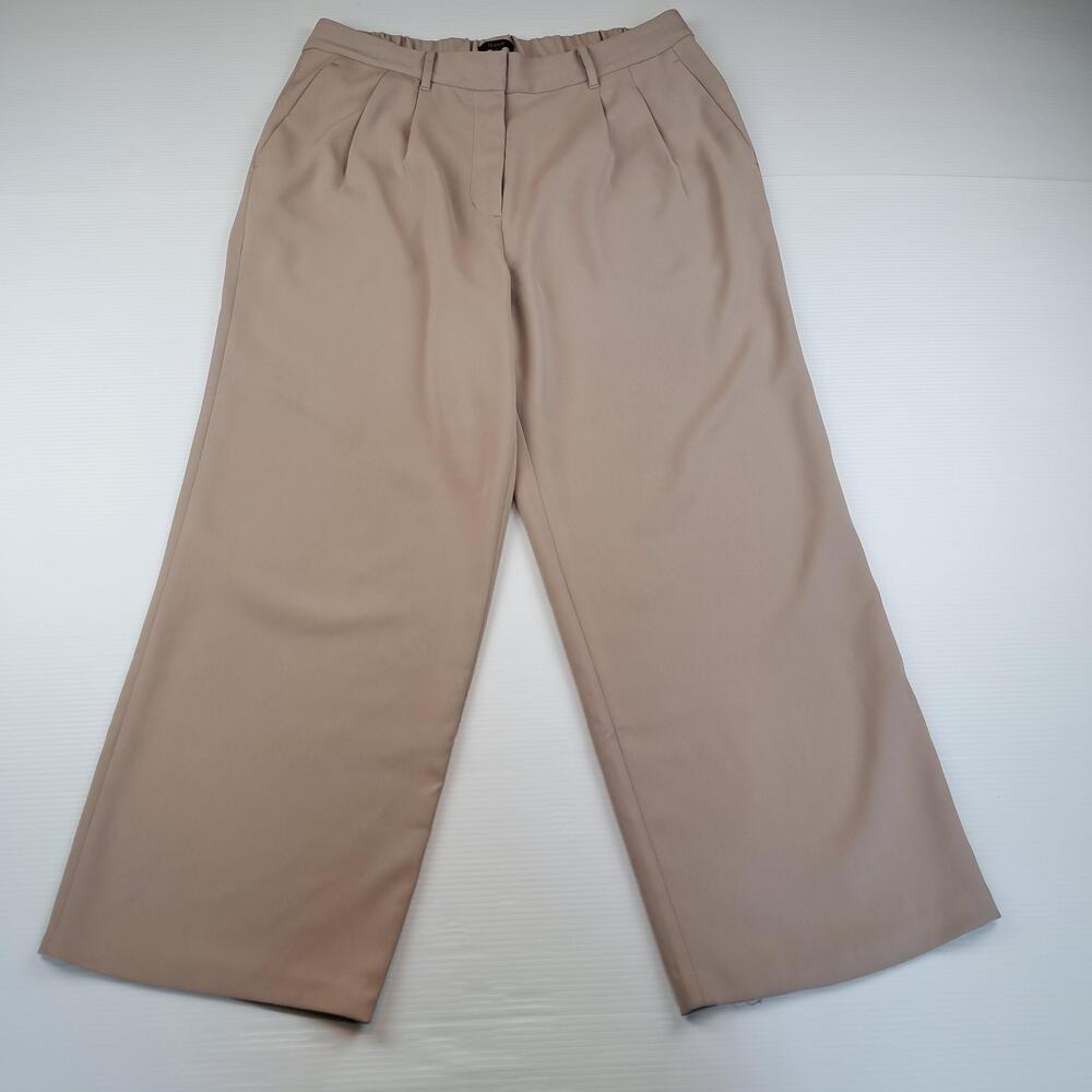 Quince Pants Womens 16 Beige Crepe Pleated Wide Leg Elastic Waist Career Office